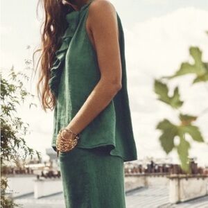 Zara Ladies Ruffled Green Linen Shirt